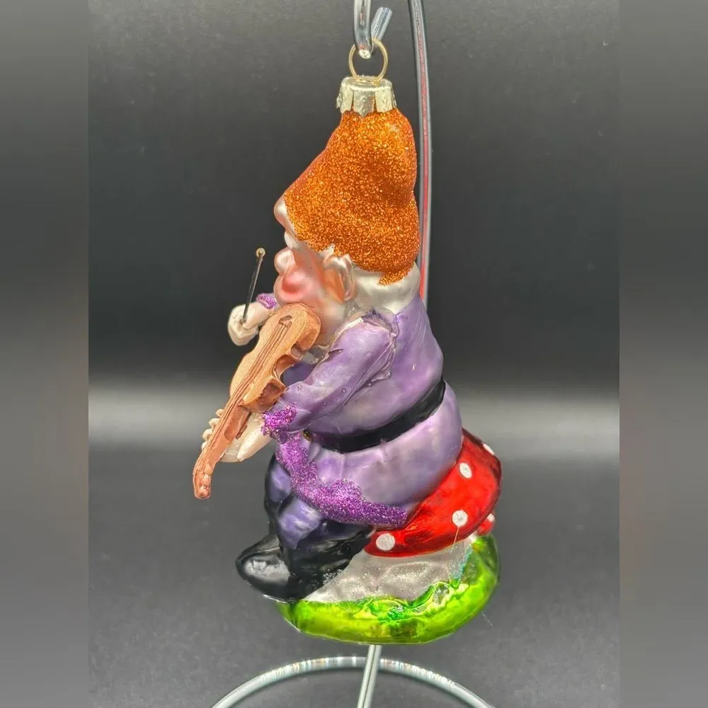 2 Glass Target Christmas Gnome Ornaments Playing Violin and Flute Musical Whimsy